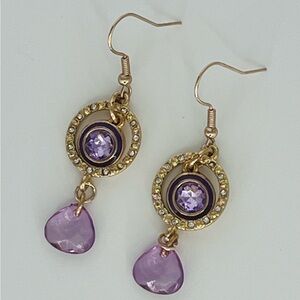 Purple Gemstone and Gold Dangle Earrings with Gold Round Crystal Accents